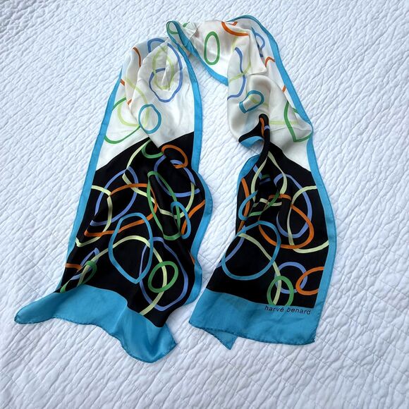 Vintage Long 100% Silk Geometric, Abstract Scarf | Aqua, Black & Ivory - Picture 2 of 10